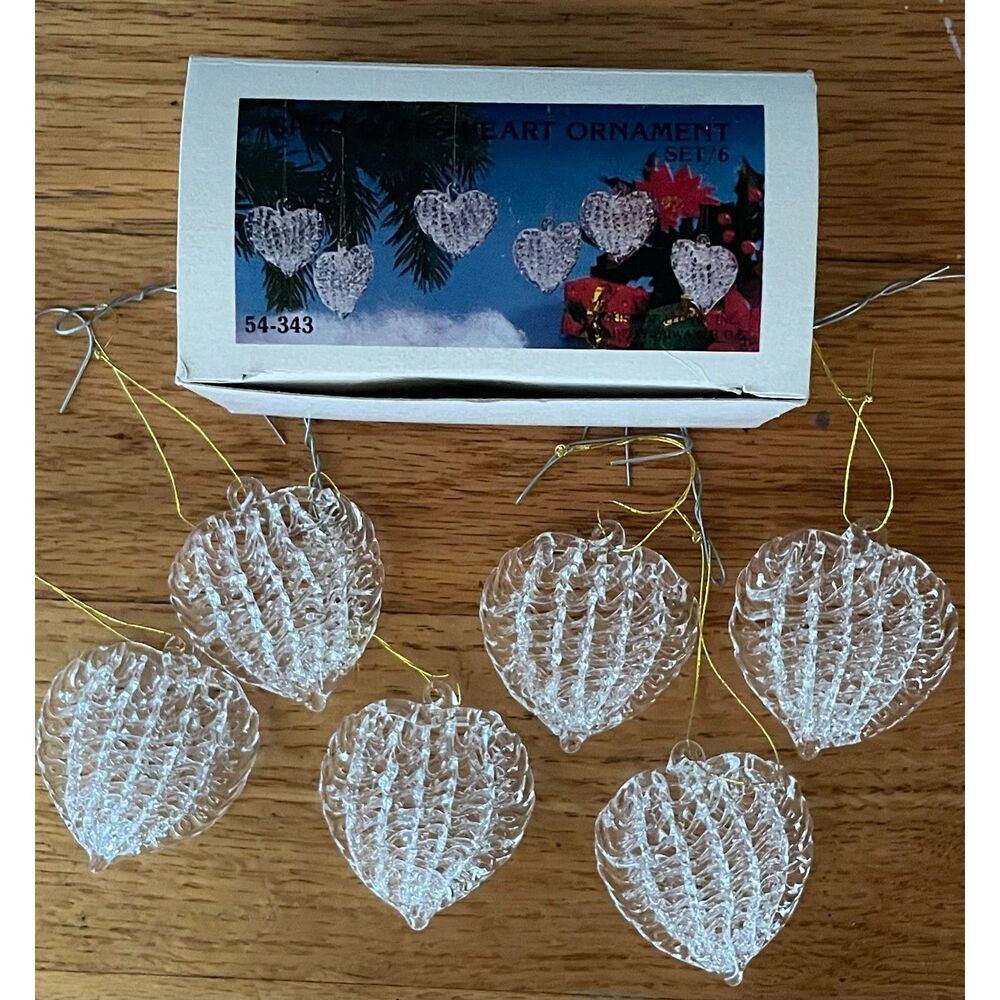 Vintage Clear Heart Christmas Ornaments Set of 6 Made in Taiwan Boxed